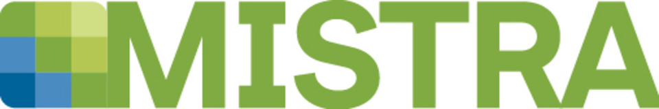 Logo for Mistra. To the left: Nine small squares in green and blue tones. To the right: The name in green capital letters.