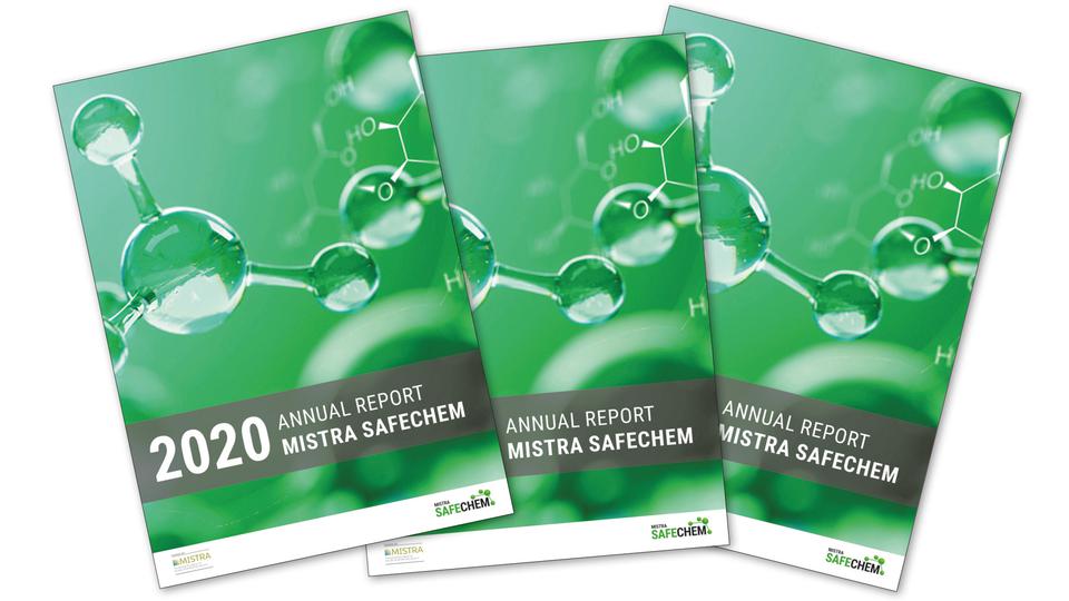 Several front pages of  the annual report for 2020 from Mistra SafeChem.